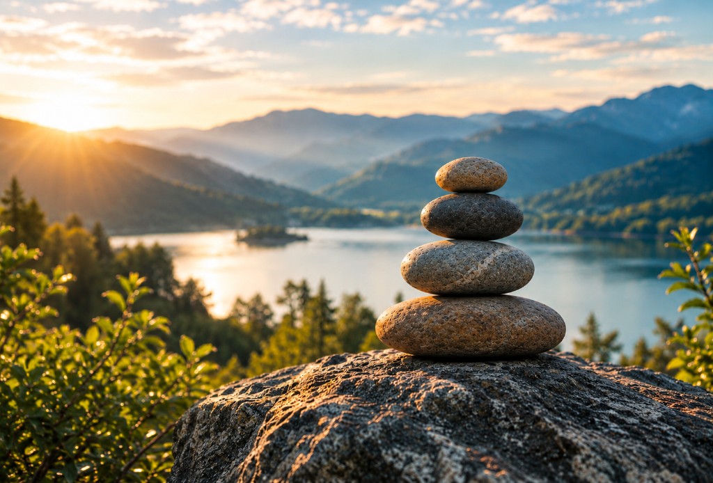 Balanced stones in warm morning light